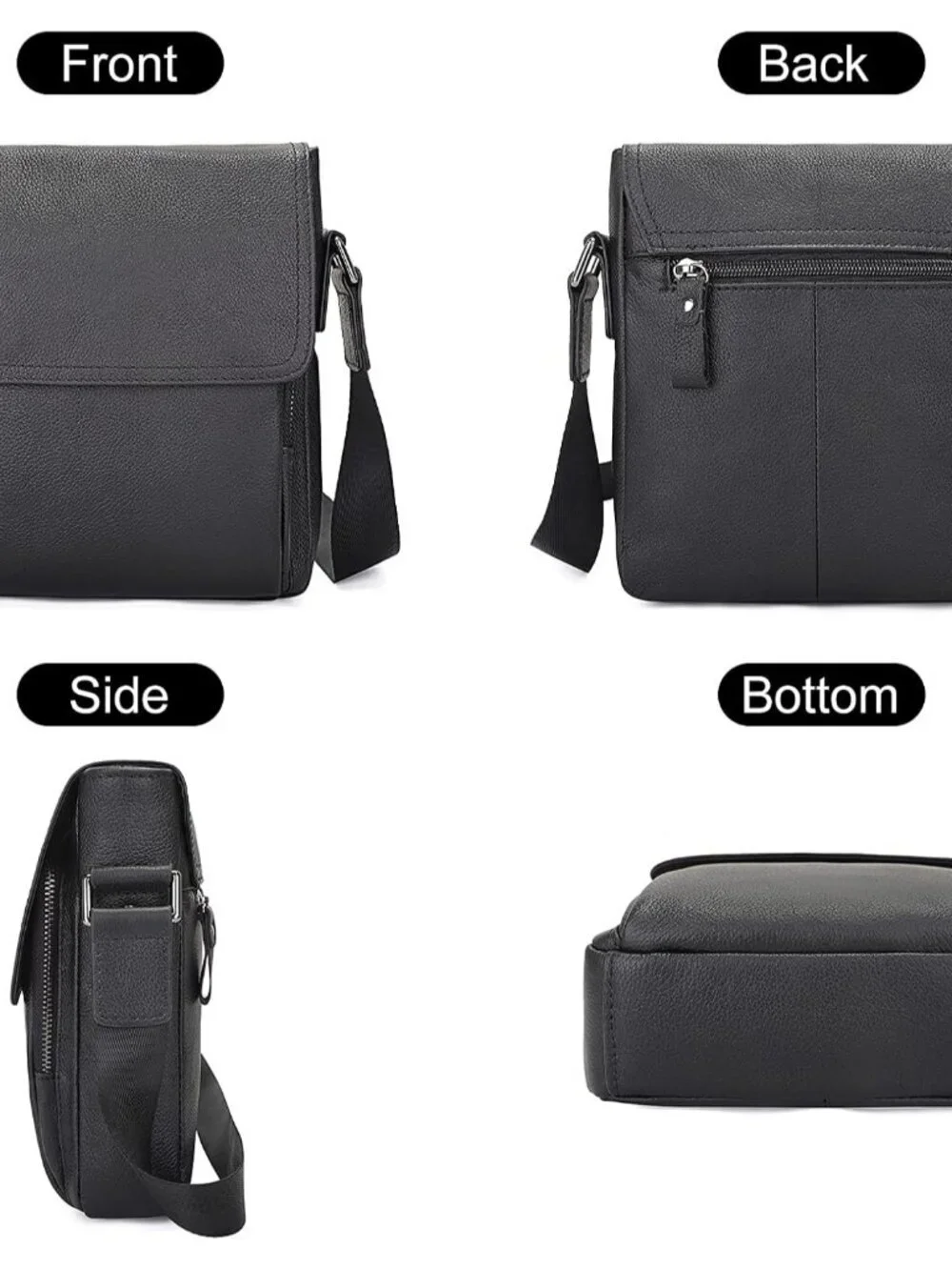 Men's Black Genuine Leather Crossbody Travel Metal Zipper Messenger Hand Bag